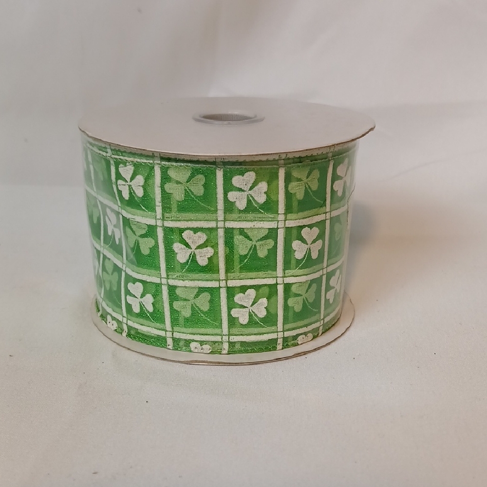 Green Ribbon with White Clover Pattern